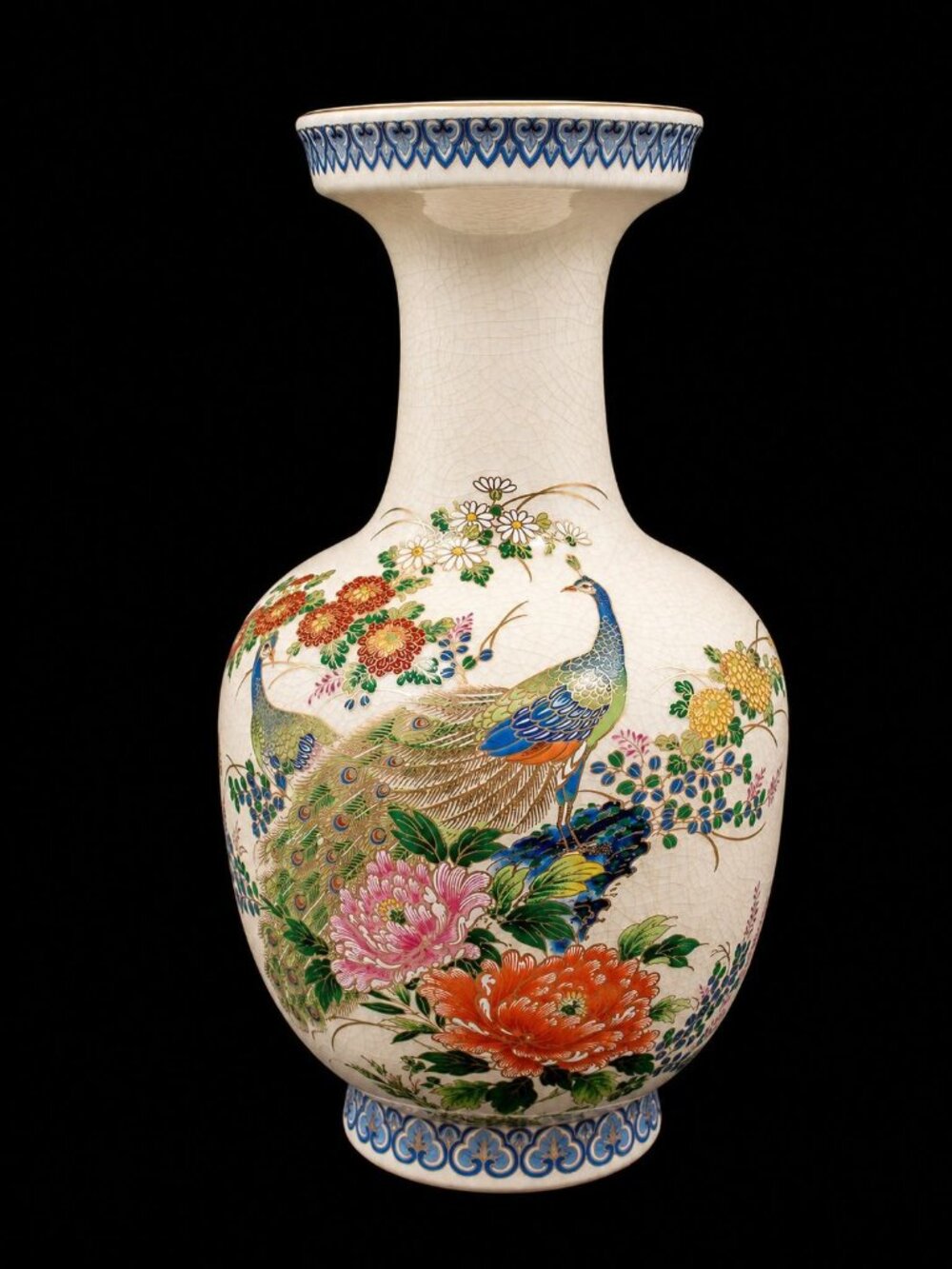 Otagiri Mid Century Satsuma Peacock Phoenix Large Crackled Floral Gold Line Vase - Picture 2 of 6